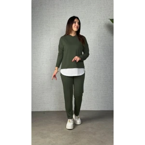 ieg™ Kadın Uzun Kollu Kapşonlu Bağcıklı Viskon Iki Iplik Bluz Ve Pantolon Ikili Takım