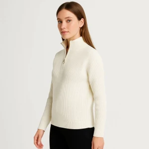 ieg™ KADIN Yarım Fermuarlı Triko Kazak – Selanik Örgü, Dik Yaka, Pamuklu Dokuma, Oversize Uzun Kollu Kışlık Model - Beyaz