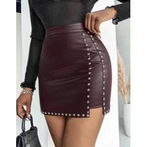 ieg™ Kadın Yüksek Belli Yandan çivili Mini Deri Etek