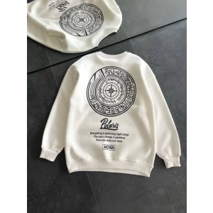 ieg™ Kışlık Bisiklet Yaka Ön Ve Arka Baskılı SweatShirt - Beyaz