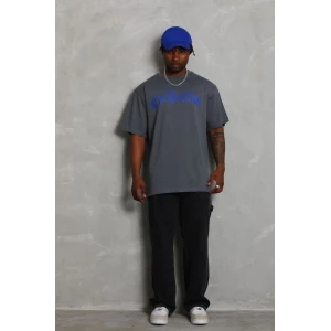 ieg™      Oversize Baskılı Bisiklet Yaka T-Shirt - Füme -