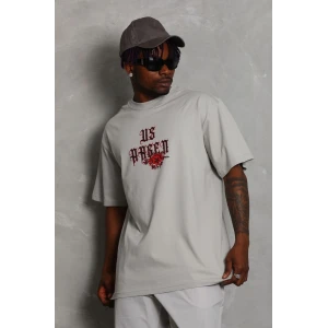 ieg™      Oversize Baskılı Bisiklet Yaka T-Shirt - Gri -