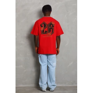 ieg™      Oversize Baskılı Bisiklet Yaka T-Shirt - Kırmızı -