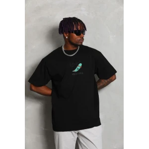 ieg™      Oversize Baskılı Bisiklet Yaka T-Shirt - Siyah -