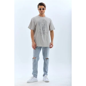 ieg™      Oversize Taşlı Bisiklet Yaka T-Shirt - Gri -