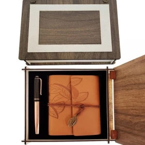 ieg ™ Özel Ahşap Kutulu Taba Deri Defter ve Bakır Roller Kalem Set