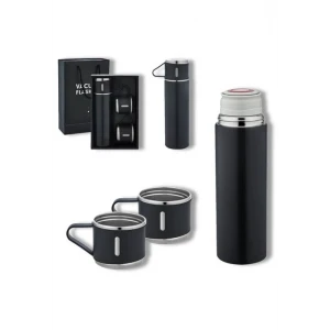 ieg ™ Paslanmaz Çelik Termos 3 Bardaklı Termos Seti Vakumlu  Kamp Termos Set Siyah