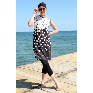 ieg ™ Sıfır Kol Puanlı Yarım Tesettür Mayo Siyah Peyaz Puantiye