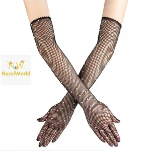 ieg™ Siyah Renk İncili Elmas İşlemeli File Örgü Uzun Eldiven 45 cm