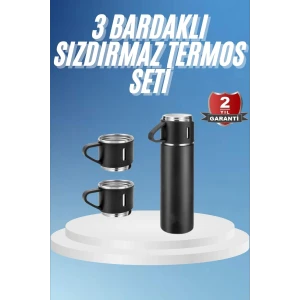 ieg™ Termos Paslanmaz Çelik Termos Siyah Renk 3 Bardaklı Termos Seti