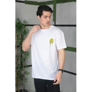 ieg™ Unisex Bisiklet Yaka Baskılı Oversize T-Shirt - Beyaz