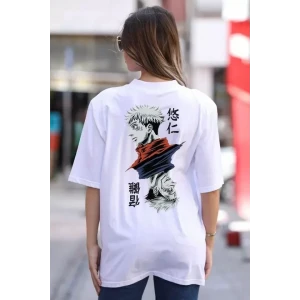 ieg™ Unisex Bisiklet Yaka Baskılı Oversize T-Shirt - Beyaz