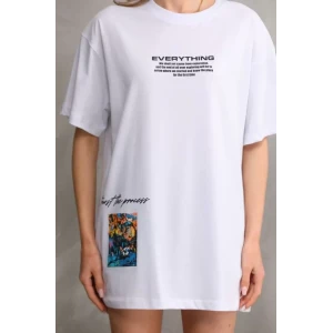 ieg™ Unisex Bisiklet Yaka Baskılı Oversize T-Shirt - Beyaz