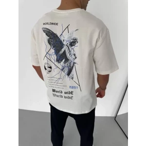 ieg™ Unisex Bisiklet Yaka Baskılı Oversize T-Shirt - Beyaz