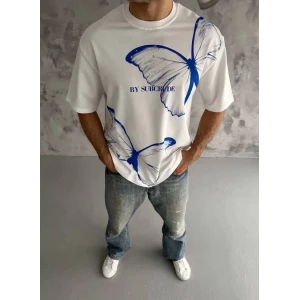 ieg™ Unisex Bisiklet Yaka Baskılı Oversize T-Shirt - Beyaz