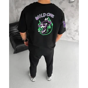 ieg™ Unisex Bisiklet Yaka Baskılı Oversize T-Shirt - Siyah