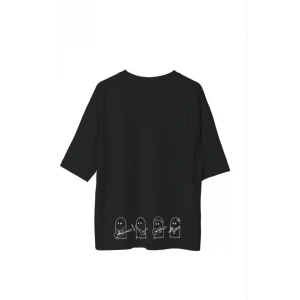 ieg™ Unisex Bisiklet Yaka Baskılı Oversize T-Shirt - Siyah