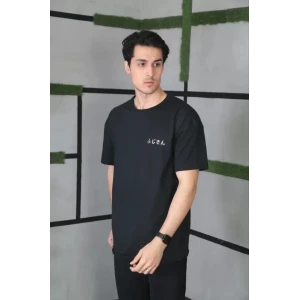 ieg™ Unisex Bisiklet Yaka Baskılı Oversize T-Shirt - Siyah