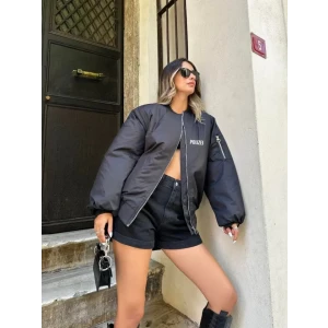 ieg™ Unisex Uzun Kol Baskılı Bomber Ceket - Siyah