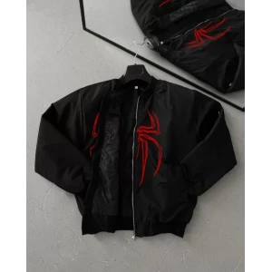 ieg™ Unisex Uzun Kol Örümcek Baskılı Bomber Ceket - Siyah