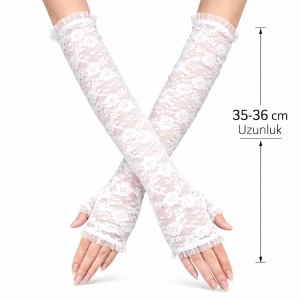 ieg™ Uzun Zarif Dantel Eldiven Parmaksız Beyaz 35 cm
