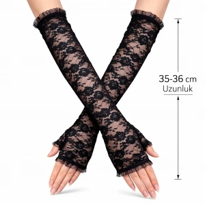 ieg™ Uzun Zarif Dantel Eldiven Parmaksız Siyah 35 cm