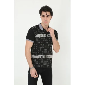 ieg™      Yakalı Slim Fit Baskılı T-Shirt - Siyah -