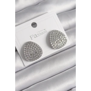 ietaks™ Pirinç Gümüş Renk Zirkon Taşlı Plaka Model Kadın Küpe