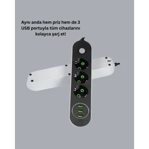 ieg™ Akım Korumalı Anahtarlı USB Girişli Üçlü Priz