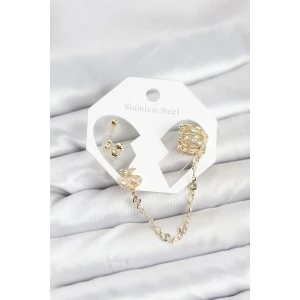 Kiraz Model Pirinç Gold Renk Zincir Bağlantılı Ear Cuff Küpe Seti - TJ-BKP11549