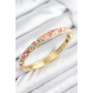 Mineli Pirinç Zirkon Taşlı Pembe Çiçek Motifli Gold Kadın Kelepçe - TJ-BB7818