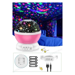 Pembe Dönen Renkli Ay Yıldızlı Gökyüzü Yansıtmalı Projeksiyon Gece Lambası Çocuk Bebek Parti Odası