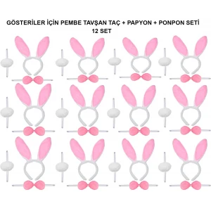 Pembe Tavşan Kostüm Seti – Taç, Papyon, Ponpon (12’li Paket)