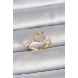 Pirinç Gold Renk Ayarlanabilir Beyaz Mineli Kedi Model İnci Detay Kadın Yüzük - TJ-BYK3386