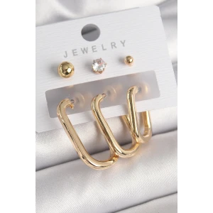 Pirinç Gold Renk Halka Model Zirkon Taş Topçuk Detay Kadın Küpe Seti