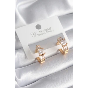 Pirinç Gold Renk Kare Zirkon Taşlı Kadın Küpe