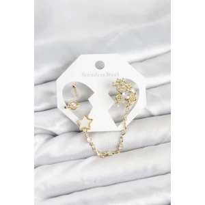 Pirinç Gold Renk Yıldız Model Zincir Bağlantılı Ear Cuff Küpe Seti - TJ-BKP11538