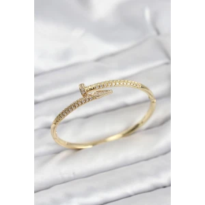 Pirinç Gold Renk Zirkon Taşlı Çivi Model Kadın Kelepçe Bileklik - TJ-BB8225