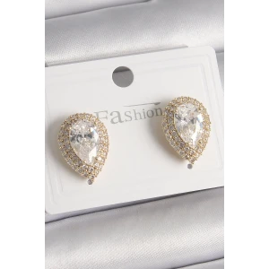 Pirinç Gold Renk Zirkon Taşlı Damla Model Kadın Küpe - TJ-BKP9917