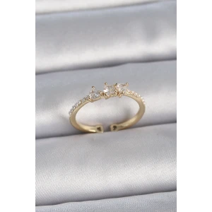 Pirinç Gold Renk Zirkon Taşlı Kalp İnci Detaylı Ayarlanabilir Model Kadın Yüzük