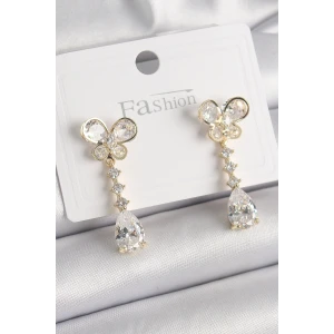 Pirinç Gold Renk Zirkon Taşlı Kelebek Model Sallantı Damla Zirkon Taş Kadın Küpe - TJ-BKP9860