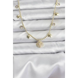 Pirinç Gold Renk Zirkon Taşlı Kutup Yıldızı Model Kadın Kolye