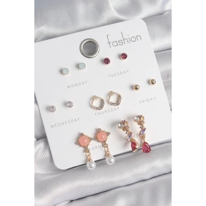 Pirinç Gold Renk Zirkon Taşlı Sallantı İnci Detay 7 Çift Kadın Küpe - TJ-BKP10534