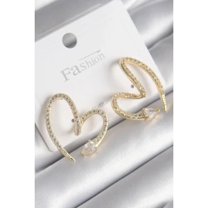 Pirinç Gold Renk Zirkon Taşlı Yılan Kalp Model Kadın Küpe