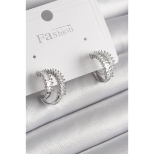 Pirinç Gümüş Renk 2Li Zirkon Taşlı Halka Model Kadın Küpe