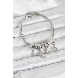 Pirinç Gümüş Renk Ay Charm Model Charmlı Kadın Bileklik