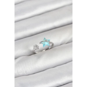 Pirinç Gümüş Renk Mavi Yıldızlı Model Kadın Yüzük