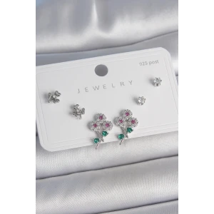 Pirinç Gümüş Renk Renkli Zirkon Taşlı Çiçek Model Yaprak Detay 925 Ayar Gümüş Çivi Kadın Küpe Seti