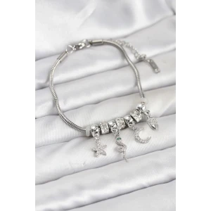 Pirinç Gümüş Renk Yılan Charmlı Kadın Bileklik