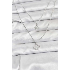 ietaks™ Pirinç Gümüş Renk Yonca Model 2li Kadın Kolye